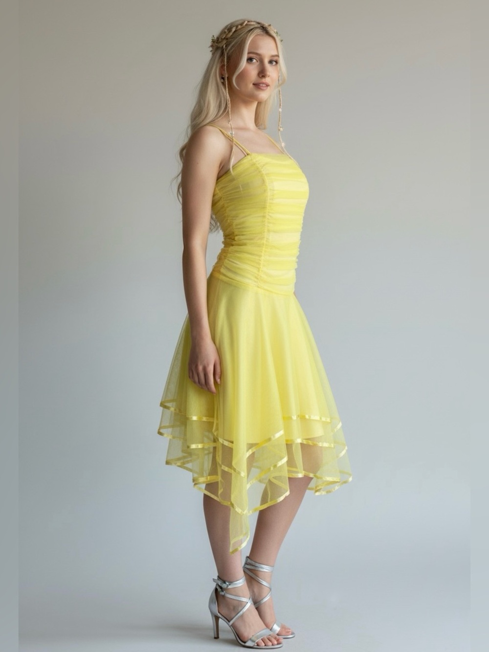 Y2K Romantic Yellow Fairycore Tulle Handkerchief Hem Whimsical Dress | XS S